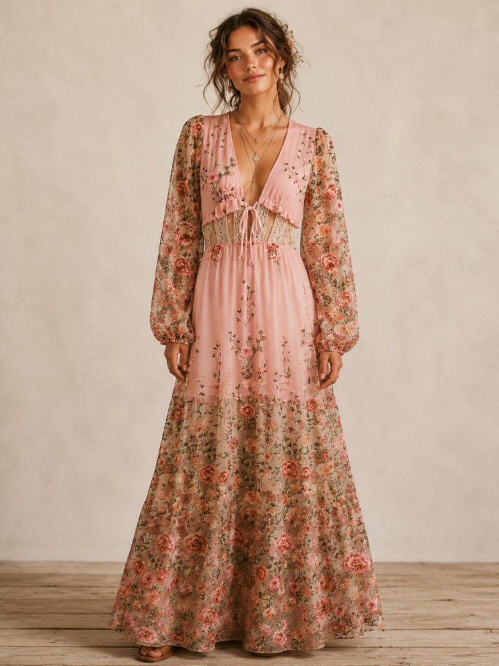 Apeach Floral Sheer Maxi Dress Small Pink Garden Party Embroidered Boho Fairy